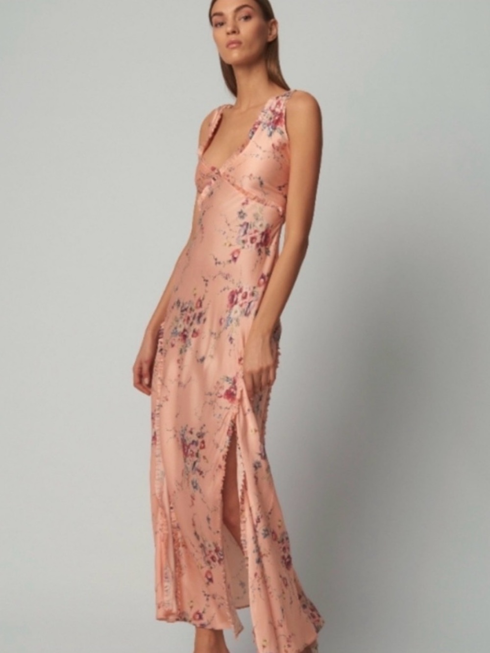 LOVESHACKFANCY Kendall ruffled floral-print silk-satin maxi dress M